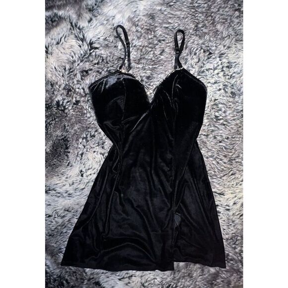 Frederick's Rhinestone Velvet Nightie Black Sleeveless V Neck Womens Sexy Size m - Picture 1 of 11